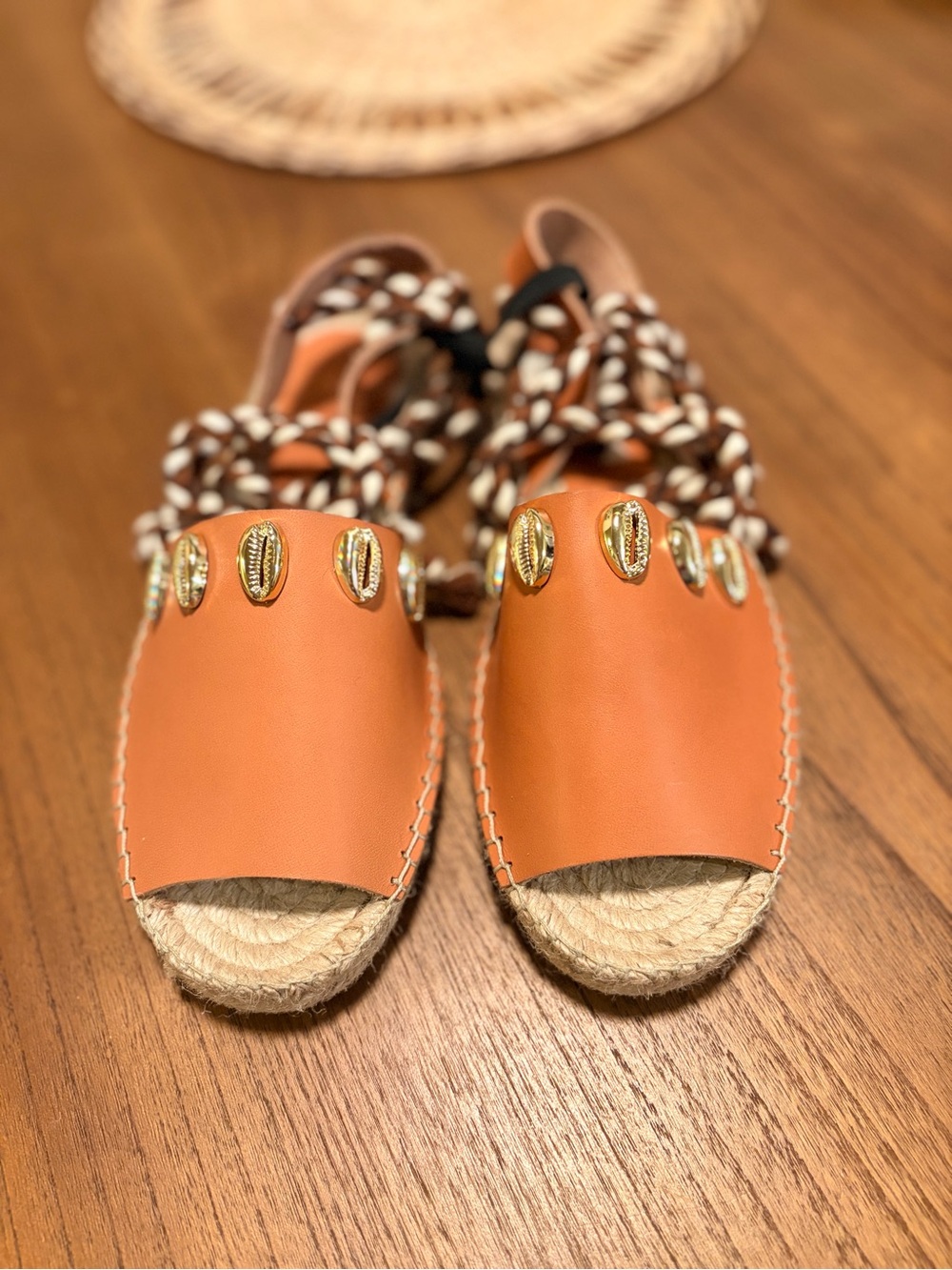 Free People Cowrie Shell Tan Leather Espadrille Sandals